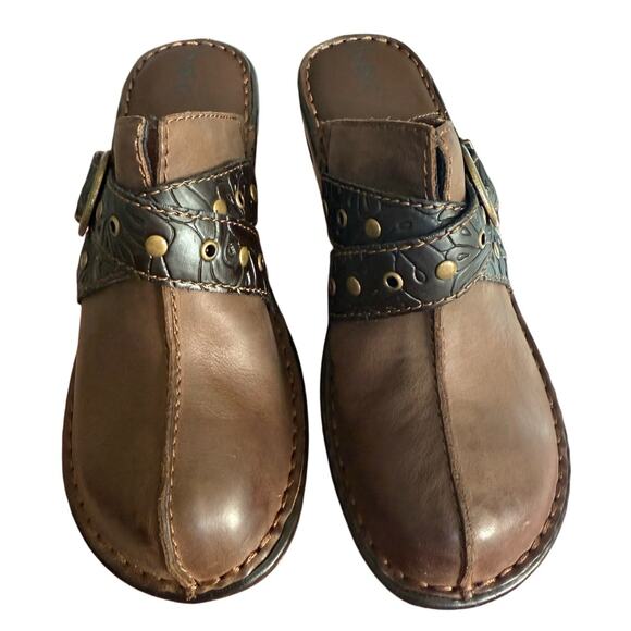 b.ø.c Brown Leather Buckle Clog Mules Embossed Strap Studded Comfort Shoes 8M - Picture 4 of 8